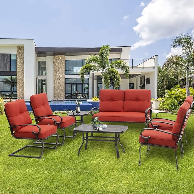 SOLAURA Outdoor Metal Furniture Sets 7-Piece Patio Conversation Set (2 Spring Chairs, 2 Patio Chairs, Loveseat with Coffee Table and Side Table), Red