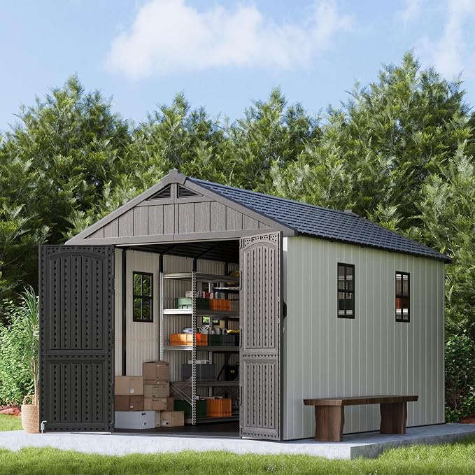 Patiowell 8x12 FT Outdoor Storage Shed, Plastic Shed Resin Garden Shed with Floor & Window & Lockable Door for Patio Furniture, Backyard Tools, Bicycles & Lawnmower, Beige - Image 2