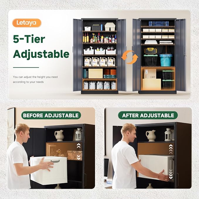 Letaya Metal Storage Cabinets with Lock Door and 5 Adjustable Shelves, Steel Garage Tool Organization Cabinets for Home,Utility Room, Warehouse,Lockers(71"-Black Gray) | Lock Door, 5 Adjustable Shelves, Garage, Lockers - Image 4