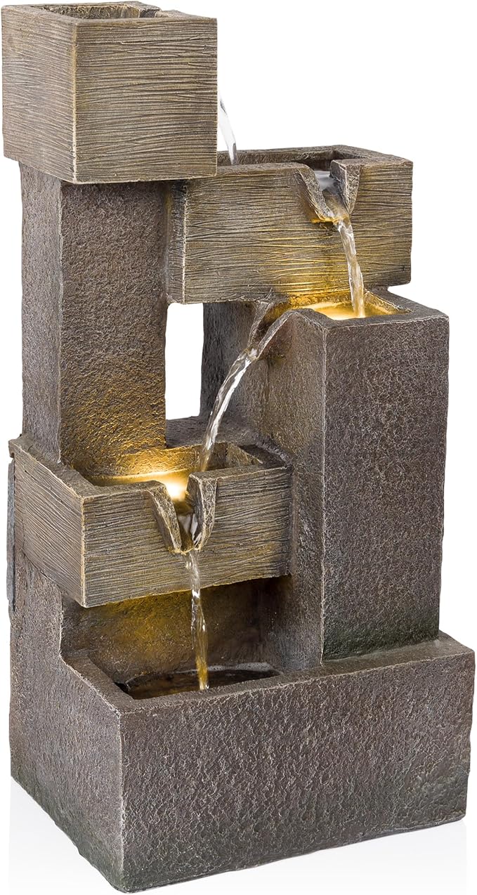 Alpine Corporation ZDQ110 19" Indoor/Outdoor Multi-Tier Water Fountain with LED Lights – Cascading Waterfall Feature for Gardens, Patios, Yards, and Home Décor, Gray
