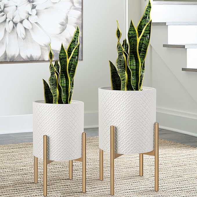 Oakrain Mid Century Planters for Indoor Plants, Metal Plant Set of 2, Modern Decorative Plant Pots for Living Room, Garden, Balcony, White Planters with Glod Plant Stands, 10 inch & 12 inch