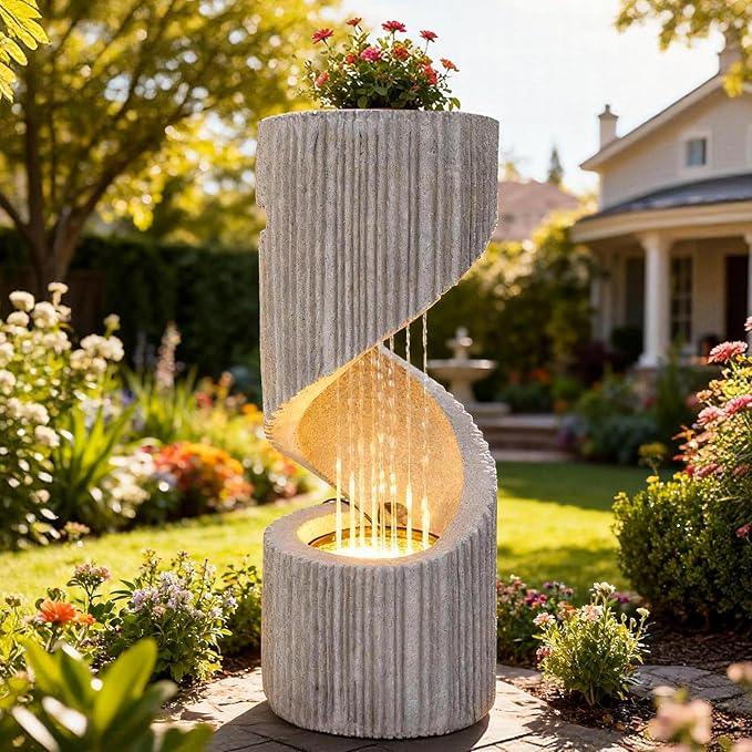 30" H Outdoor Water Fountain with LED Light, S-Shaped Modern Curved Outdoor Fountain, Spiral Column Fountain, Decorative Waterfall Feature with Flat Top Plant Display for Garden, Patio Decor