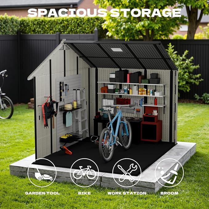 Devoko 10x8 FT Resin Outdoor Storage Shed with Floor, Plastic Tool Garden Shed with Windows & Lockable Door, Outside Large Storage Shed for Patio Backyard Lawn, Beige - Image 3