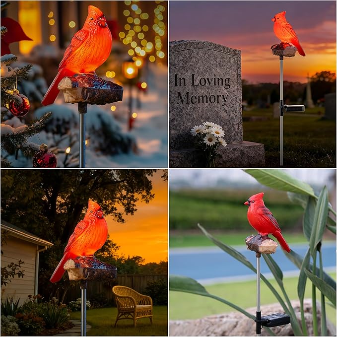 Cardinal Solar Lights Outdoor with Sound & Motion Sensor, Waterproof Red Bird Figurine Stake, Hand-Painted Memorial Garden Decor Gift for Mom Grandma