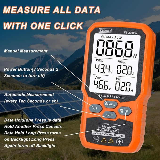 ZIBOO FT-2000W Solar Panel Tester MPPT Meter - 2000W Max Power, 150V/35A PV Module Tester for Voc/Isc, Open Circuit Voltage & Short Circuit Current, with Backlight & Data Hold - Image 5