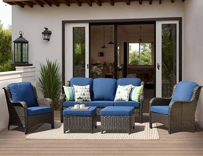 HOOOWOOO Patio Furniture Set,5 Piece Outdoor Furniture Set,Wicker Patio Conversation Couch Chairs Ottoman Set,Navy Blue