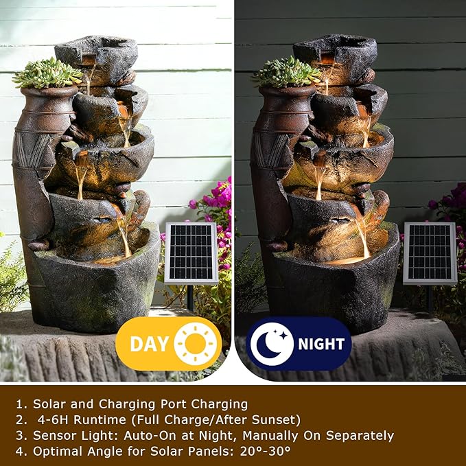 5 Tier Rock Solar Water Fountain Outdoor with Vintage Jar, Cascading Waterfall Fountain with LED Lights, Outdoor Fountains for Garden or Patio, Yard, Deck Decor, 16.5" L x 12.6" W x 31.7" H