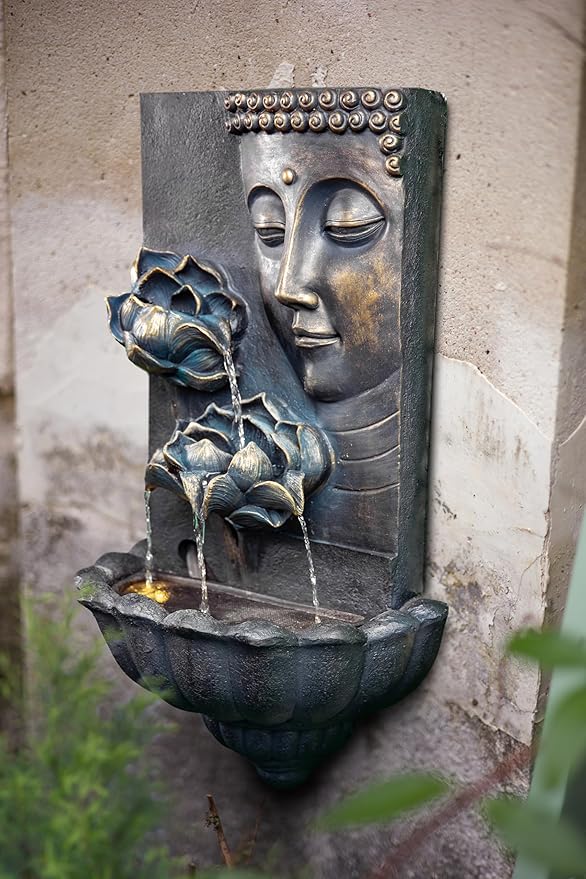 Cheng Pin Cascading Lotus Buddha Statue Zen Water Fountain with LED Lights & Pump Best for Wall Decor, Flowing Water Create Relaxing Atmosphere for Home, Patio,Garden, Backyard,32.3'' Tall