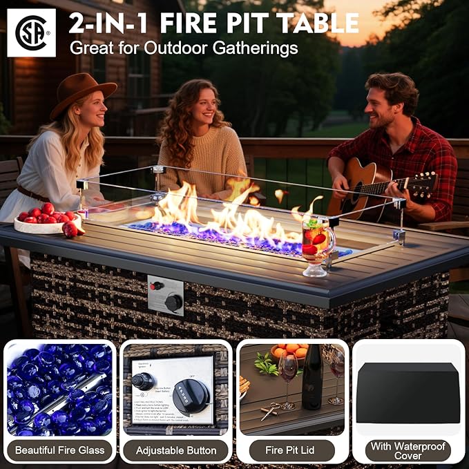 MEISSALIVVE 8 Pieces Patio Furniture Set with 43" Fire Pit Table, Wicker Patio Conversation Set with Swivel Rocking Chairs, Outdoor Patio Set for Lawn Backyard Porch (Brown)