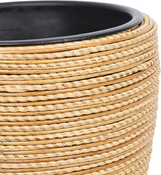 Alpine Corporation Indoor/Outdoor Poly Rattan Planters with Removable Inserts, Aesthetic Lawn and Garden Decor, Beige - Set of 3 Sizes