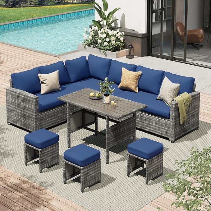 AECOJOY Outdoor Patio Furniture Set with Waterproof Cover, 7 Pieces Clearance Sectional Rattan Dining Table&Chairs, All Weather Wicker Conversation Sofa Couch, Dark Blue Cushions&Grey Rattan