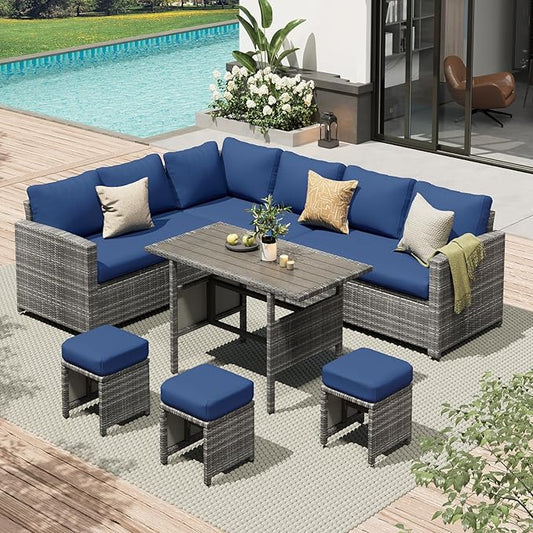 AECOJOY Outdoor Patio Furniture Set, 7 Pieces Clearance Sectional Rattan Dining Table&Chairs, All Weather Wicker Conversation Sofa Couch with Ottoman, Dark Blue Cushions&Grey Rattan