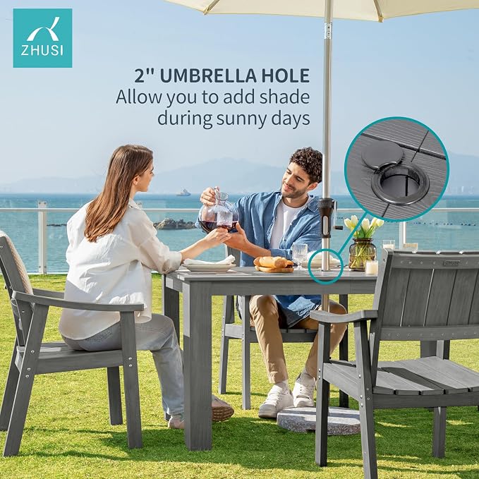 ZHUSI Patio Table and Chairs Set, Outdoor Table and Chairs,HDPE Outdoor Dining Set with Umbrella Hole for Backyard, Poolside, Porch 6 Armchairs - Image 4