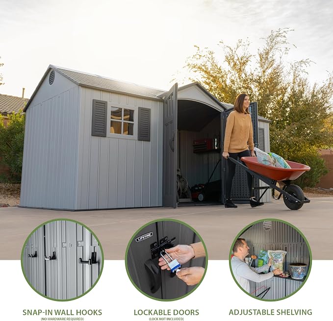 Lifetime Outdoor Storage Shed, 15x8 Ft, Gray, Resin Backyard Tool Shed with Lockable Doors and Weather-Resistant Panels - Image 3