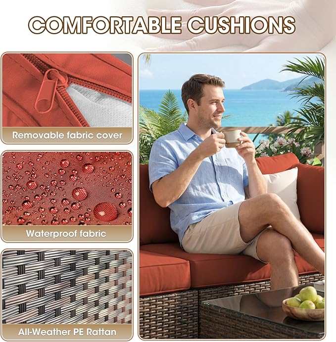 Patio Furniture Set 7 Piece Outdoor Wicker Sectional Sofa - All Weather High Backrest PE Rattan Couch Conversation Set with Cushion & Glass Top Table for Backyard Deck (Red, L-7 pcs w/glass table)