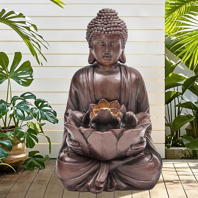 Zen Buddha Water Fountain Outdoor, 19" H Handcrafted Buddha Statue Water Feature with Soothing Waterfalls & Lights, Peaceful Oasis for Garden Patio Yard Deck Living Room Floor Tabletop Decor