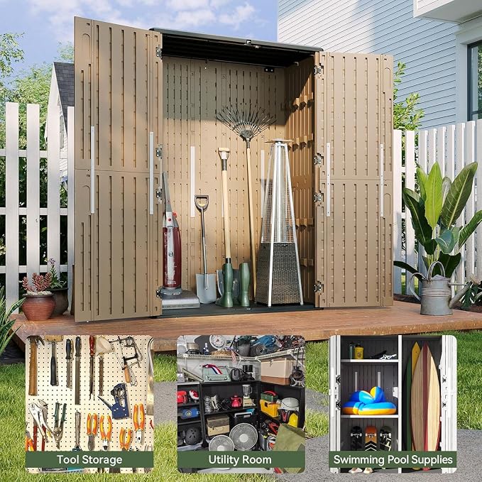 Aoxun Outdoor Storage Shed, 64 Cu.Ft Vertical Storage Sheds Outdoor with Floor, Outdoor Waterproof Storage Cabinet for Garage Storage, Pool Storage (Brown) - Image 5