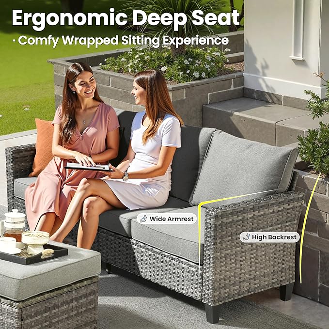 ovios Patio Furniture Set, 9 Pieces Outdoor Wicker Sofa Couch with 6 Chairs, Ottomans and Comfy Cushions, All Weather High Back Rattan Conversation Set, Dark Grey