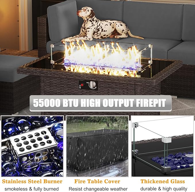 LayinSun 13 Pieces Outdoor Patio Furniture Set with 44" Fire Pit Table Brown Rattan Sectional Sofa Conversation Sets
