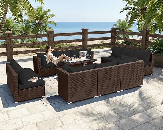 BULEXYARD 13 Piece High Back Wicker Patio Furniture Sets with Fire Pit, Elegant Oversized Outdoor Seating Set Modular, Comfy Extra Deep Wide 12-Person Sectional Couch Sofa for Backyard, Brown & Black