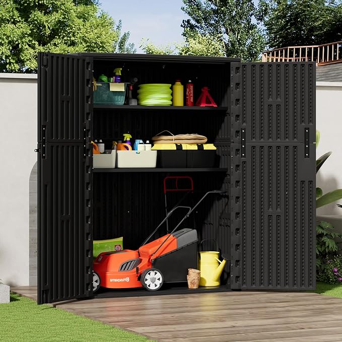 ZZM 57 Cu.ft Outdoor Storage Shed HDPE Storage Cabinet, Double-Wall Resin Sheds with Floor Vertical Lockable Sheds Garden Tools Trash Can, Lawn Mower, Patio Storage, Waterproof, All Black - Image 4