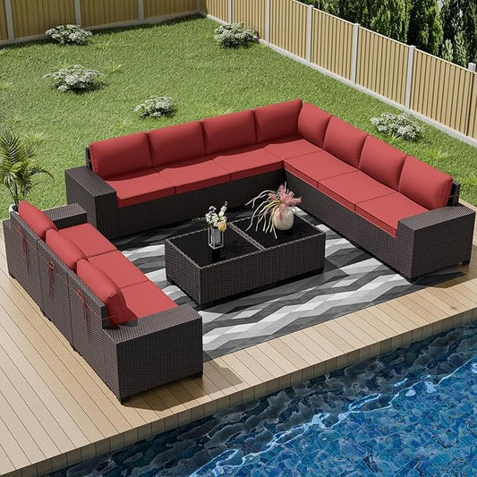 12 PCS Outdoor Patio Furniture Set,Outdoor Sectional Furniture All Weather PE Rattan Wicker Patio Conversation Set with 2 Coffee Tables and 10 Thickened Cushions,Red