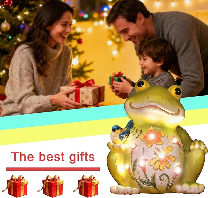 Outdoor Frog Sculptures,Solar Resin Garden Outdoor Statues,Mother's Day Frog Gifts Sculptures Decorations for Home Patio,Yard,Lawn, Porch, Ornament