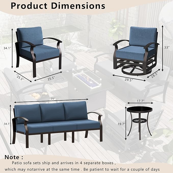 Patio Furniture Set 6-Piece Aluminum Armrest Sofa, All-Weather Patio Conversation Set with Tempered Glass Top Table & Removable Sponge Cushions for Backyard Poolside
