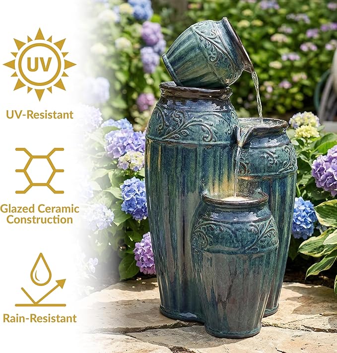 Sunnydaze Tour de Vase Ceramic 27-Inch Outdoor Water Fountain - LED Lights - Electric Submersible Pump with Adjustable Flow