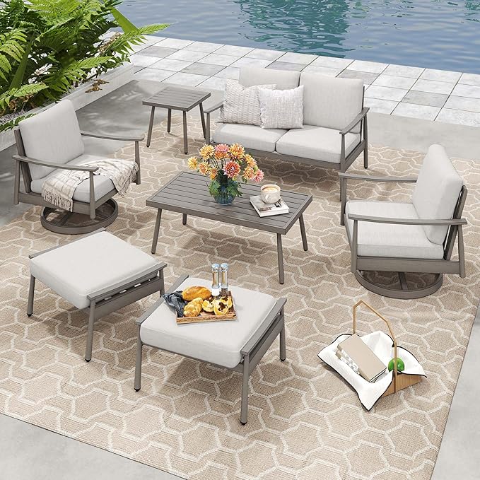 HAPPATIO Patio Outdoor Furniture Set - 7 Pieces Aluminum Outdoor Conversation Set Includes 1 Loveseat, 1 Side Table, 1 Coffee Table, 2 Swivel Chairs, and 2 Ottomans for Porch, Yard, Lawn (Grey)