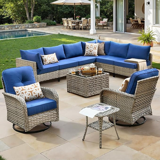10 Piece Outdoor Patio Furniture with Swivel Rocking Chair, Rattan Wicker Conversation Set with Glowing Coffee Table, Sectional Single Chairs for Porch Balcony Backyard Pool,Blue