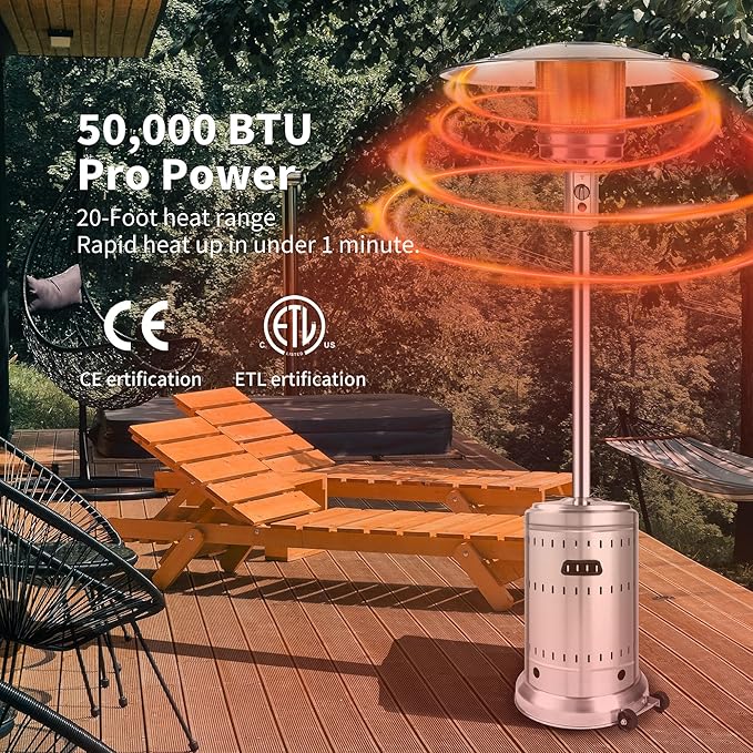 MAJARO 50,000 BTU Outdoor Propane Patio Heater with Wheels – All-Stainless Steel Gas Heater, Weighted Base, Easy Ignition & Safety Tilt Shut-Off for Patio, Backyard, Garden & Commercial Use