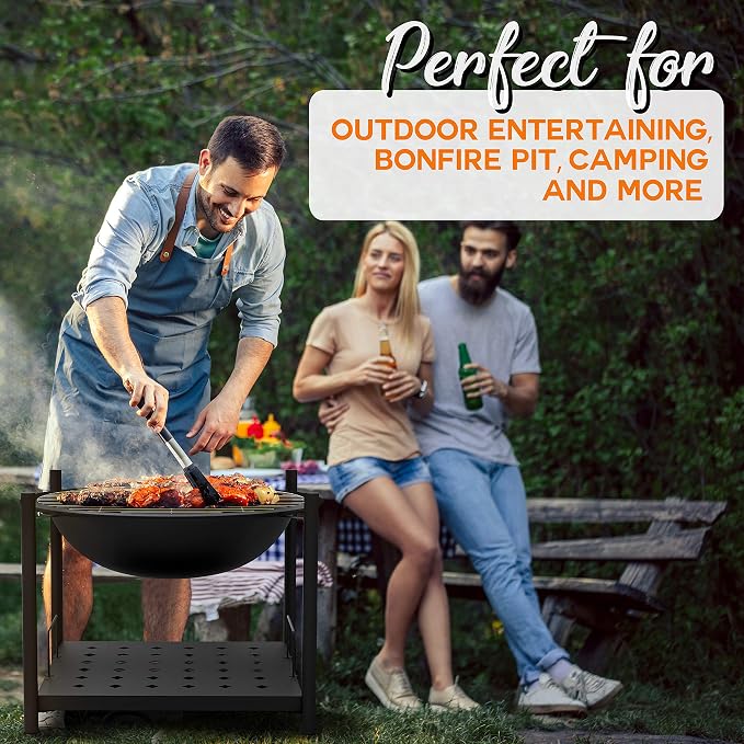 SereneLife Outdoor Wood Fire Pit - 26" Steel BBQ Grill with Mesh Spark Screen, Log Grate, Fire Poker & Cover for Camping, Picnic, Bonfire - Durable, Easy to Assemble, 2 in 1 - Image 5