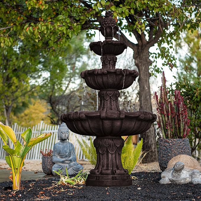 XBrand 58.3" 3-Tier Outdoor Freestanding Water Fountain - Classic Leaf Design, White Resin, Large Bird Bath with Pump - Ideal for Yard, Lawn and Garden, Porch Décor