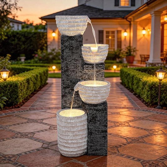 40" H Outdoor Water Fountain with LED Lights & Pump, Multilayer Cascading Polyresin Fountain, Sand-Textured Freestanding Garden Fountain for Tranquil Garden, Patio or Porch