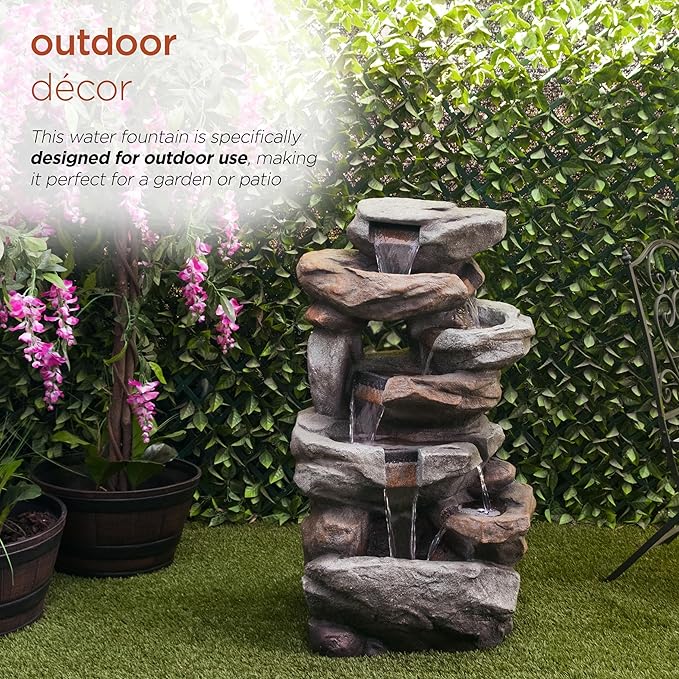 Alpine Corporation WIN1484S Cascading Natural Stone Fountain with LED Lights, Waterfall for Garden, Patio, & Lawn, 41" H