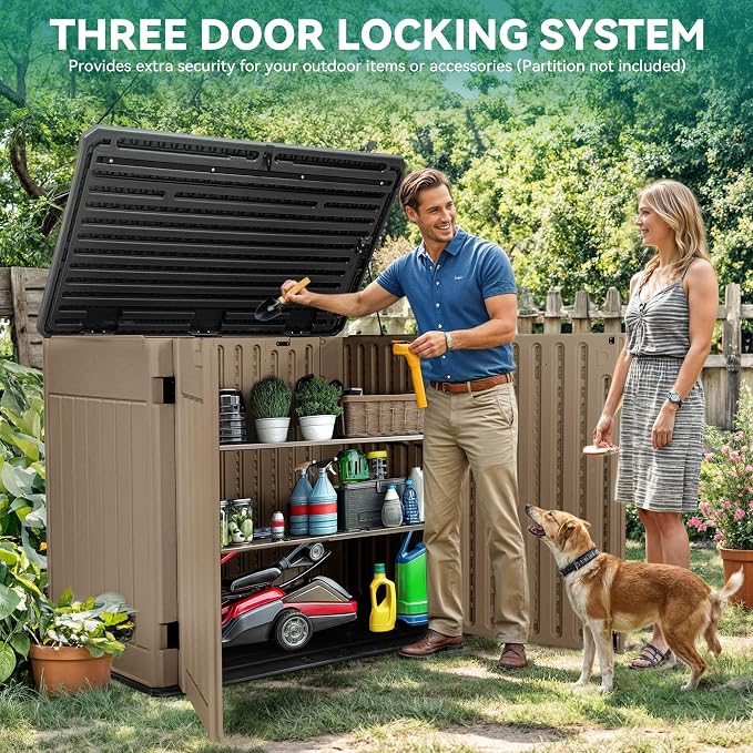 YITAHOME Large Outdoor Horizontal Storage Shed, 47 cu ft Resin Tool Shed w/o Shelf, Outdoor Waterproof Storage with Floor for Trash Cans, Garden Tools, Lawn Mower, Lockable, 4.5x2.8x3.9 ft, Brown - Image 3