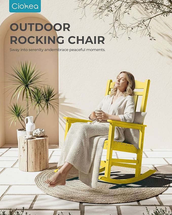 Ciokea Oversized Outdoor Rocking Chair, 380lbs Heavy-Duty Large Patio Rocker, Weather Resistant & Anti-Fade Porch Chair, High Back Cozy Rocking Chair for Outside, Fire Pit, Deck, Garden, Citron Yellow - Image 8
