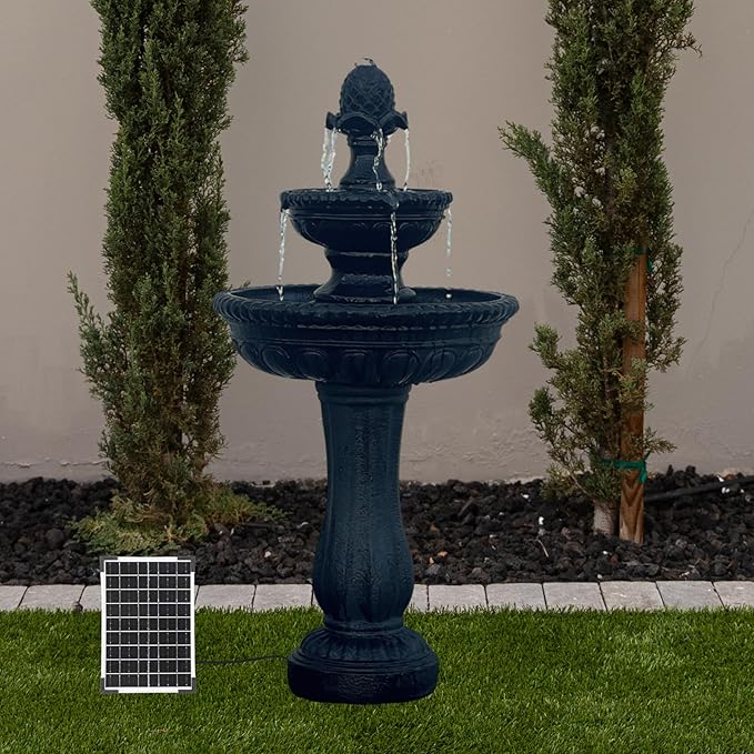 XBrand 39" 2-Tier Outdoor Freestanding Solar Water Fountain - Classic Design, Black Resin Bird Bath with Pump - Ideal for Yard, Lawn and Garden, Porch Décor