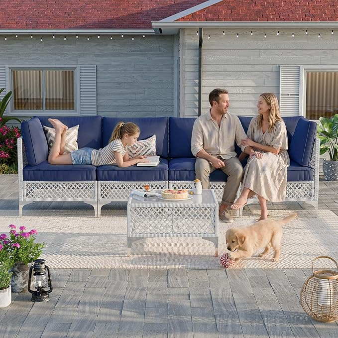 Vikiullf Patio Conversation Set, 5 Piece Outdoor Sectional Sofa Set with Coffee Table, Outdoor Wicker Furniture Set, for Small Patio, Balcony