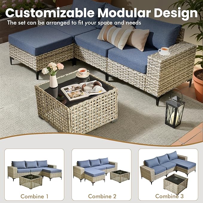 Patio Furniture Set, 5 Pieces Outdoor Wicker Conversation Sets with Coffee Table Outdoor Sectional Sofa for Balcony Backyard Poolside Garden Lawn (Blue)