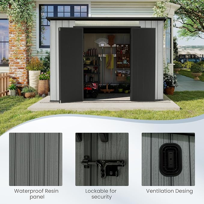 Domi 6.2x9.3 FT Outdoor Resin Storage Shed, All-Weather Double-Wall Storage Building with Sloping Roof for Backyard, Garden, Lawn Tools, Mower, Bike & Pool Equipment, Lockable Doors, Ventilated Roof - Image 7