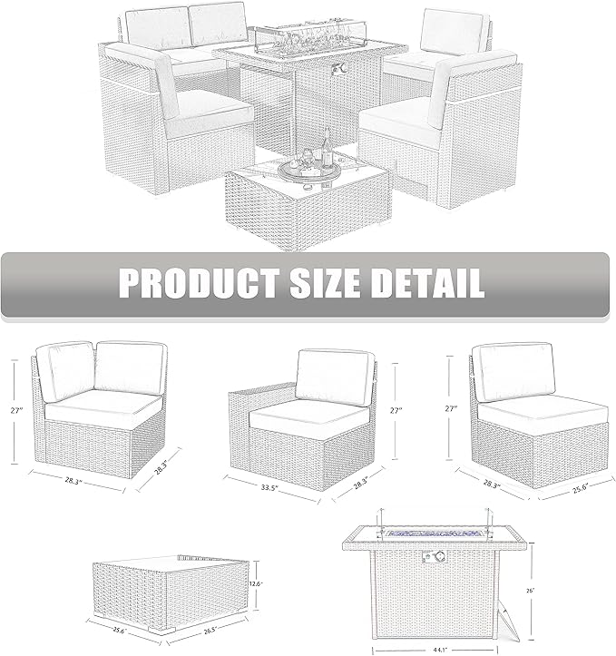 LayinSun 7 Pieces Outdoor Patio Furniture Set with 44" Fire Pit Table Rattan Sectional Sofa Conversation Sets