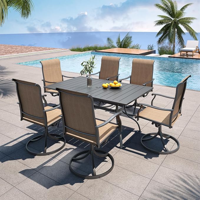 Anmutig 7-Piece Outdoor Dining Set, 6 Swivel Chairs＆63‘’ Rectangular Table All Weather Frame Furniture Set - Brown Style1 - Image 8