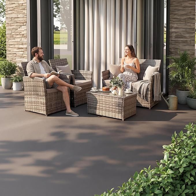 Patio Outdoor Furniture 4 Pieces Sectional Sofa Set Balcony Furniture Wicker Rattan Chairs with Table and Loveseat for Garden, Porch, Backyard, Gray Wicker/Gray Cushion