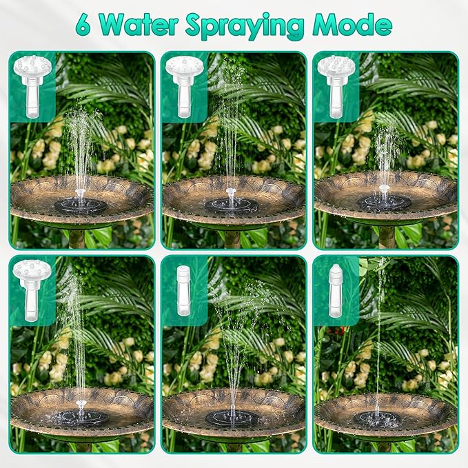 Saillong 2 Pack 5W Solar Bird Bath Fountain Pump with Colorful LED Lights, Battery and Solar Powered Bird Bath Water Fountains with 6 Nozzles, Floating Fountain Pump for Bird Bath Garden, Pond