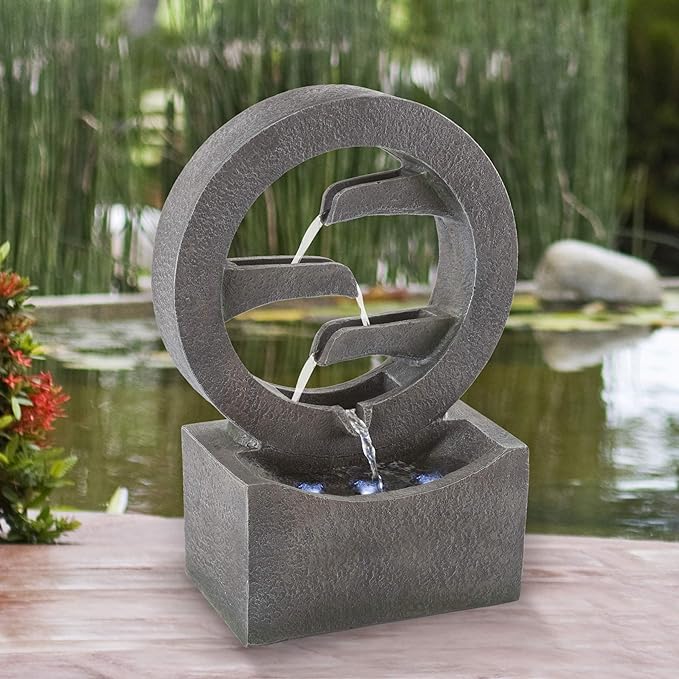 Outdoor Water Fountain - 4 Tier Polyresin Water Fountain Outdoor with LED Lights - 18.5in Decorative Water Feature for Outdoor Decor by Pure Garden