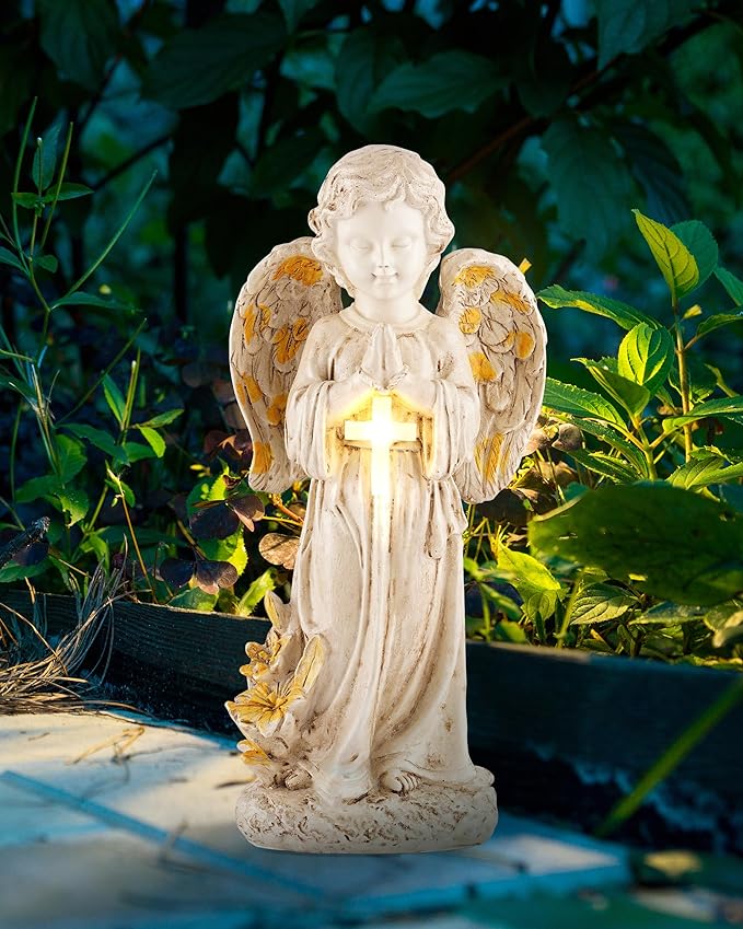 Solar Angel Statues for Outside, 12" Easter Garden Decoration, Solar Angel Figurines w/Lighted Cross for Cemetery, Yard, Pathway, Lawn Decor, Outdoor Guardian Angel for Memorial Gardens