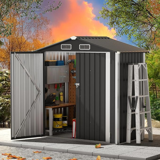 5.6 x 3.2 FT Outdoor Metal Storage Shed, Lockable Steel Garden Tool Shed with Sloped Roof for Backyard Patio Lawn, Black by Unknown