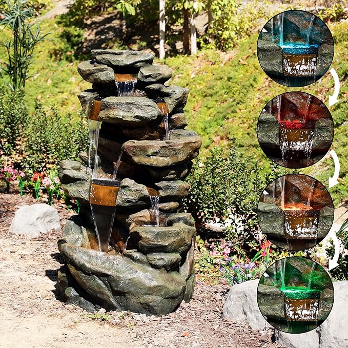 Alpine Corporation 51" Tall 6-Tier Outdoor Rainforest Waterfall Floor Fountain, Weather-Resistant Design with Color-Changing LED Lights & Remote Control, Gray